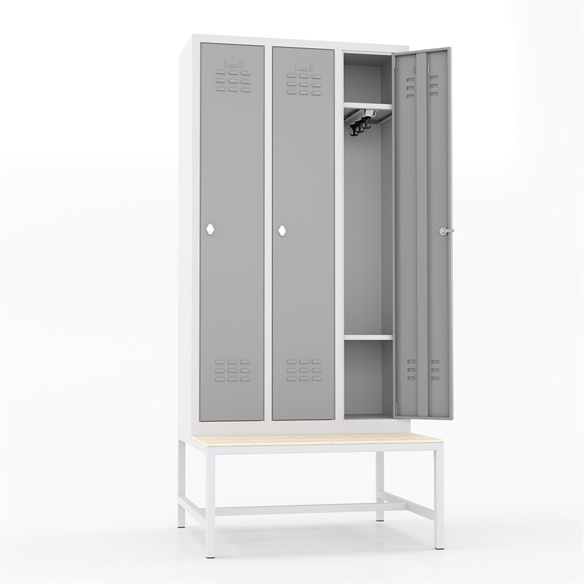 Usta Çelik Giyinme Dolabı Metal Oturma Banklı Dar Tip 3 Kapılı U-D03-Bnk resmi