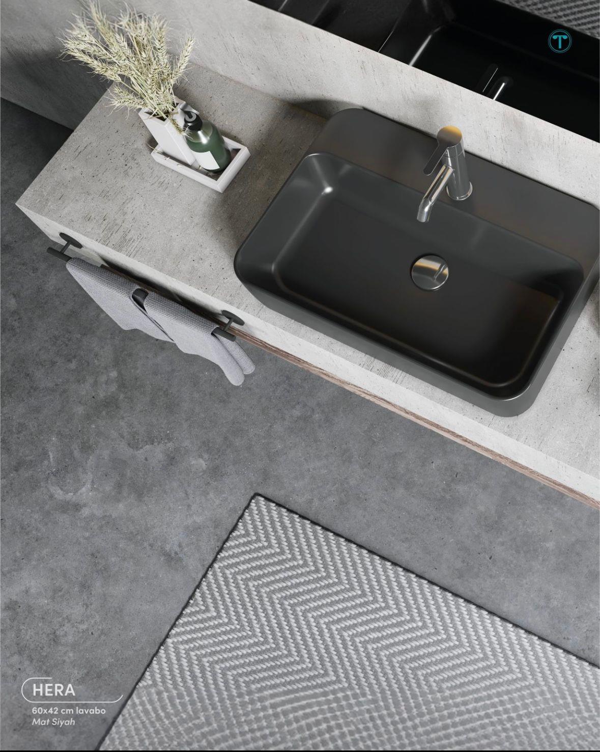 Turkuaz Cerastyle Hera Tezgah Üstü Lavabo Delikli Mat Siyah 60x42cm Oc017h71u003y01102 resmi