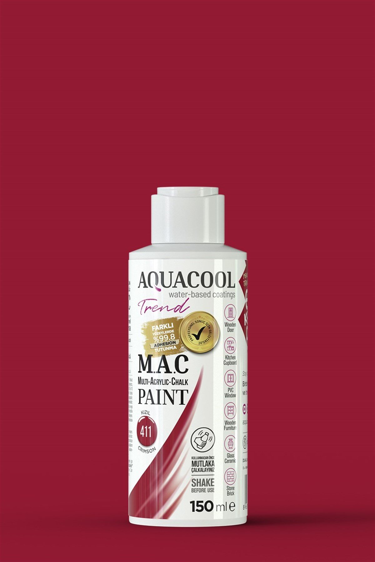 Aquacool Trend M.A.C Su Bazlı Akrilik Hobi Boyası 411 Kızıl 150 Ml resmi