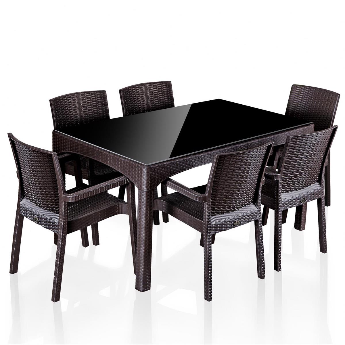 Brezza Rattan Camlı Bahçe Masa Takımı 90x150cm 6 Kişilik - Koyu Kahve resmi