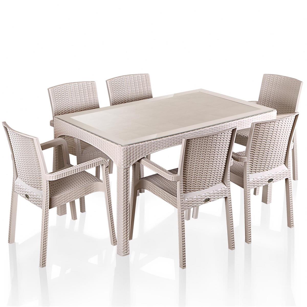 Brezza Rattan Camlı Bahçe Masa Takımı 90x150cm 6 Kişilik - Çöl Beji resmi