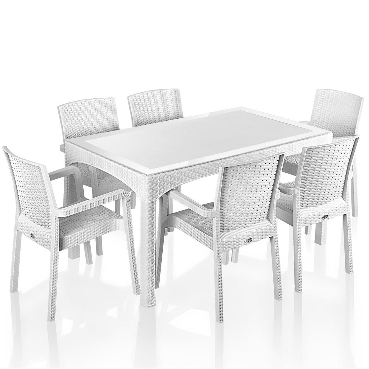 Brezza Rattan Camlı Bahçe Masa Takımı 90x150cm 6 Kişilik - Beyaz resmi