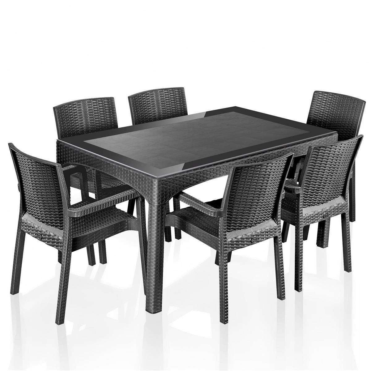 Brezza Rattan Camlı Bahçe Masa Takımı 90x150cm 6 Kişilik - Antrasit resmi