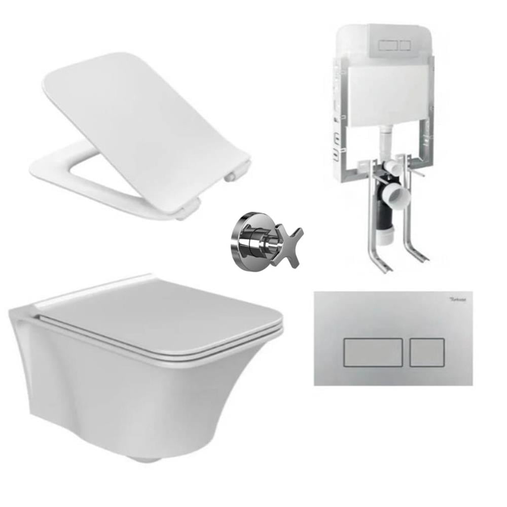 Turkuaz Cerastlye İbiza Rimless Asma Klozet + Yavaş Kapanan Kapak Ve Gömme Rezervuar Seti resmi