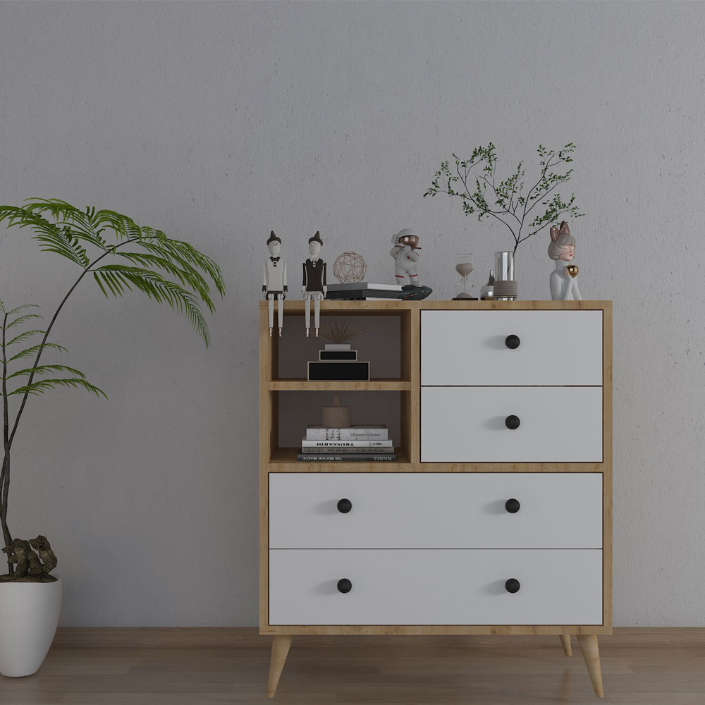 Bgr 320 4 Çekmeceli Raflı Şifonyer Beyaz-Safir Meşe resmi