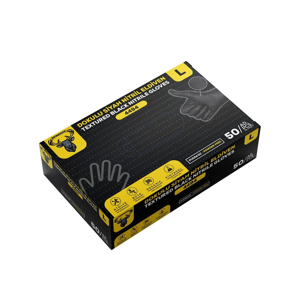 Reindeer 4494 Nitril Eldiven Siyah Kalın Dokulu L Beden 50'Li resmi