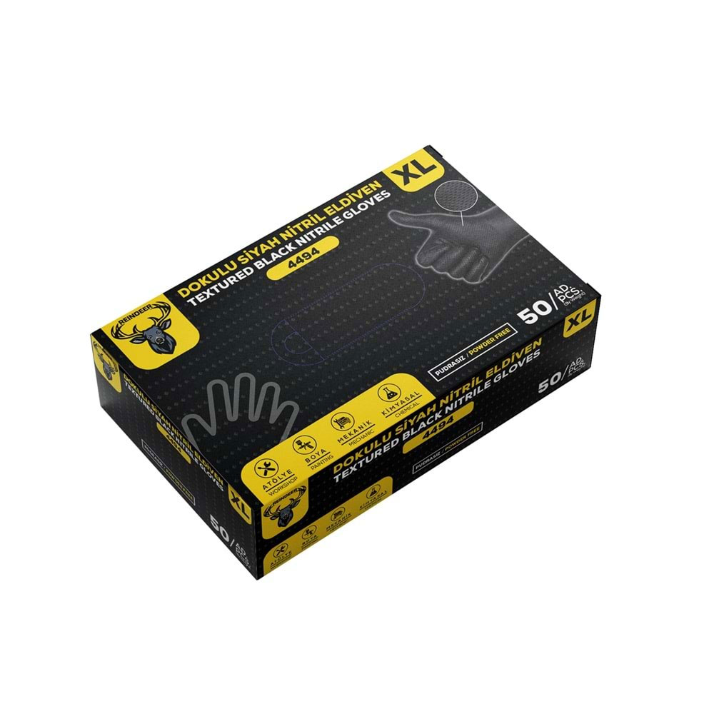 Reindeer 4494 Nitril Eldiven Siyah Kalın Dokulu XL Beden 50'Li resmi