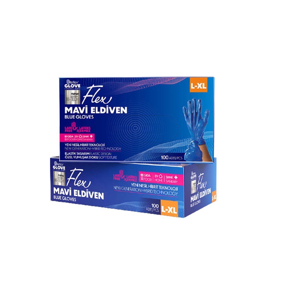 Reflex Flex Pudrasız Eldiven Mavi L-XL Beden Yeni Nesil Hibrit Teknoloji 100'Lü Paket resmi