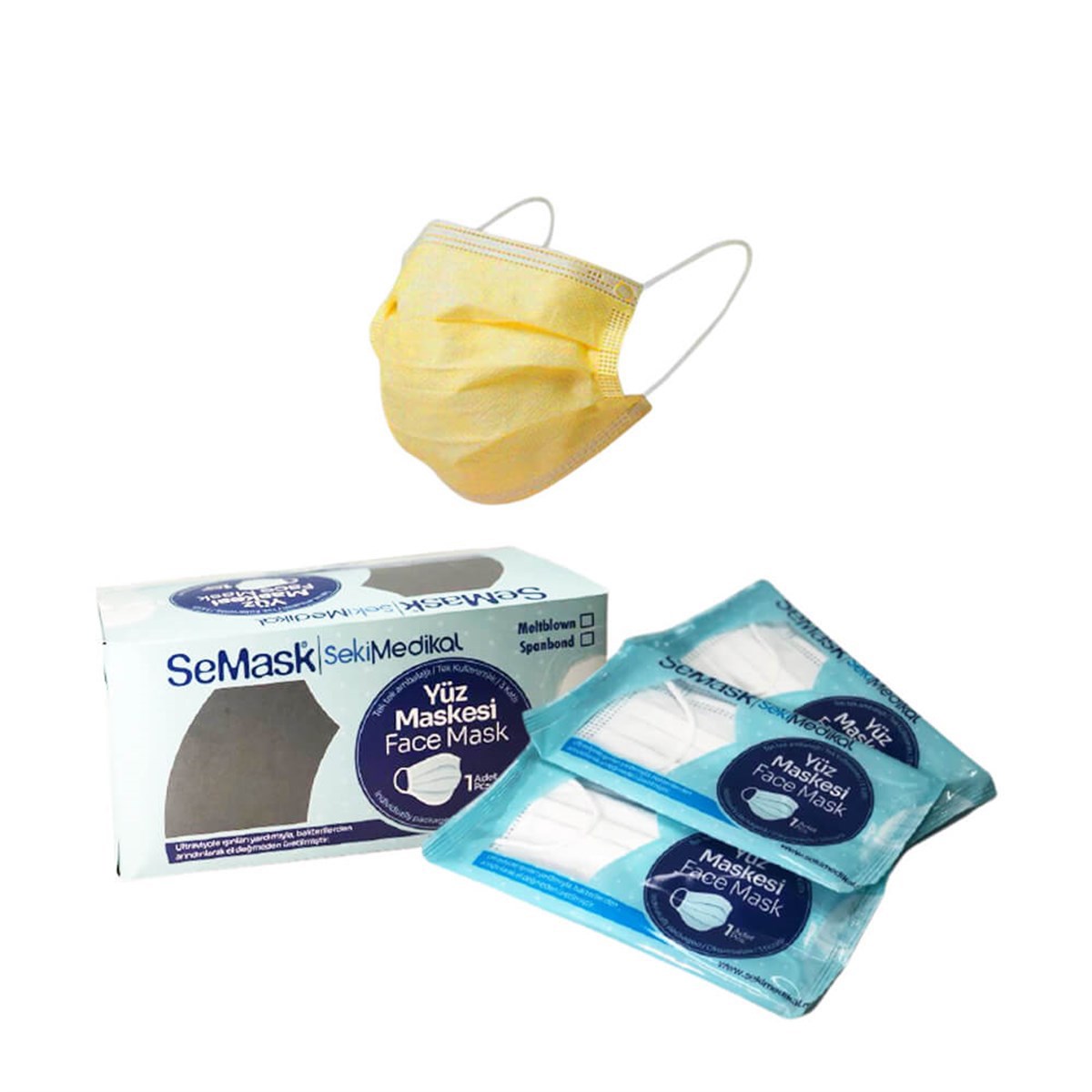 Semask Full Ultrasonic Meltblownlu Telli Cerrahi Yüz Maskesi Tekli Paketli - 25 Adet Sarı resmi
