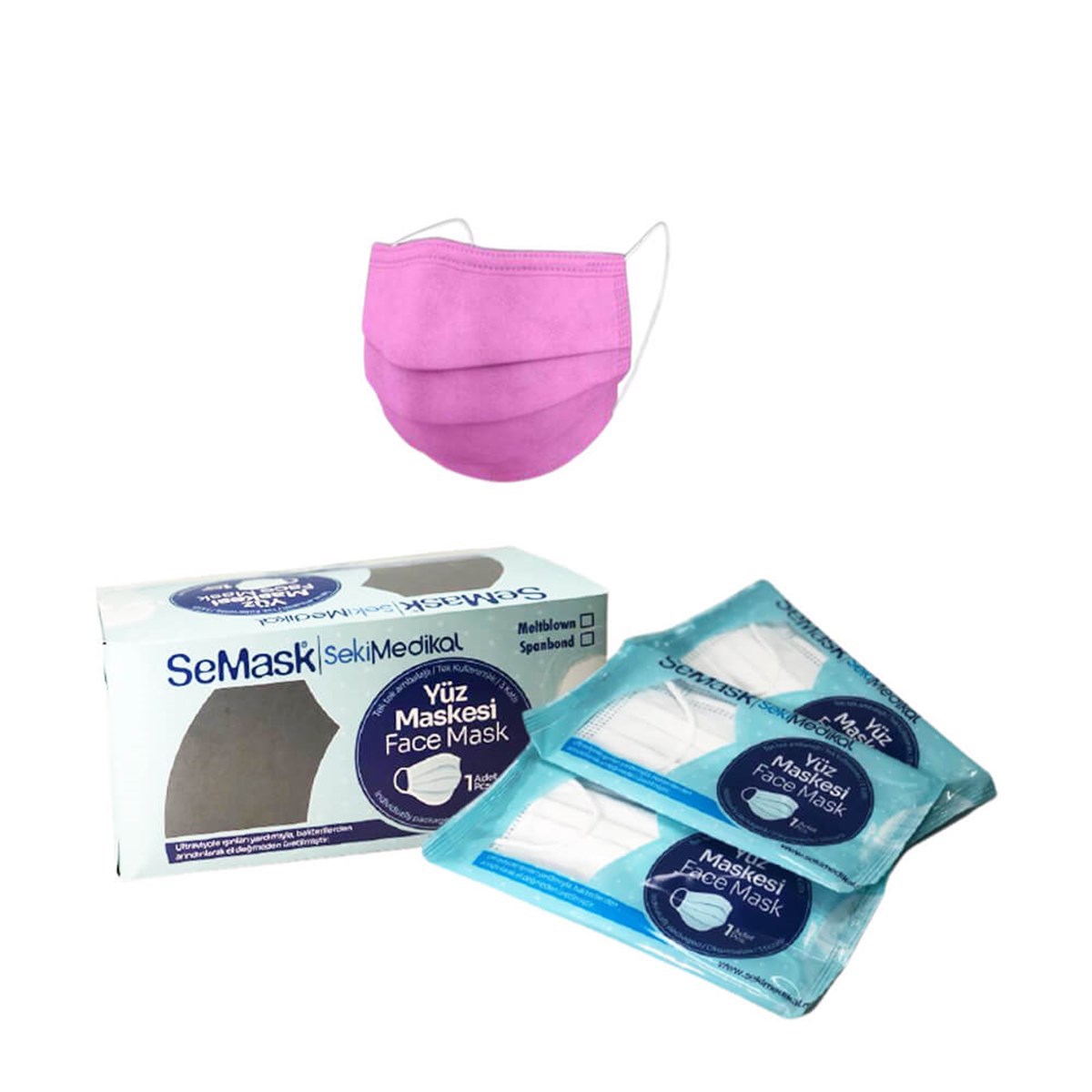 Semask Full Ultrasonic Meltblownlu Telli Cerrahi Yüz Maskesi Tekli Paketli - 25 Adet Pembe resmi