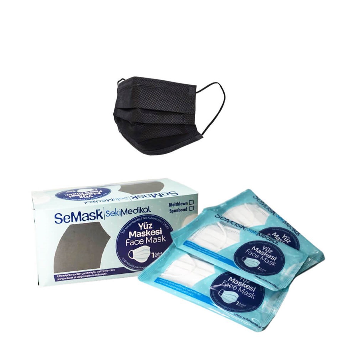 Semask Full Ultrasonic Meltblownlu Telli Cerrahi Yüz Maskesi Tekli Paketli - 25 Adet Siyah resmi
