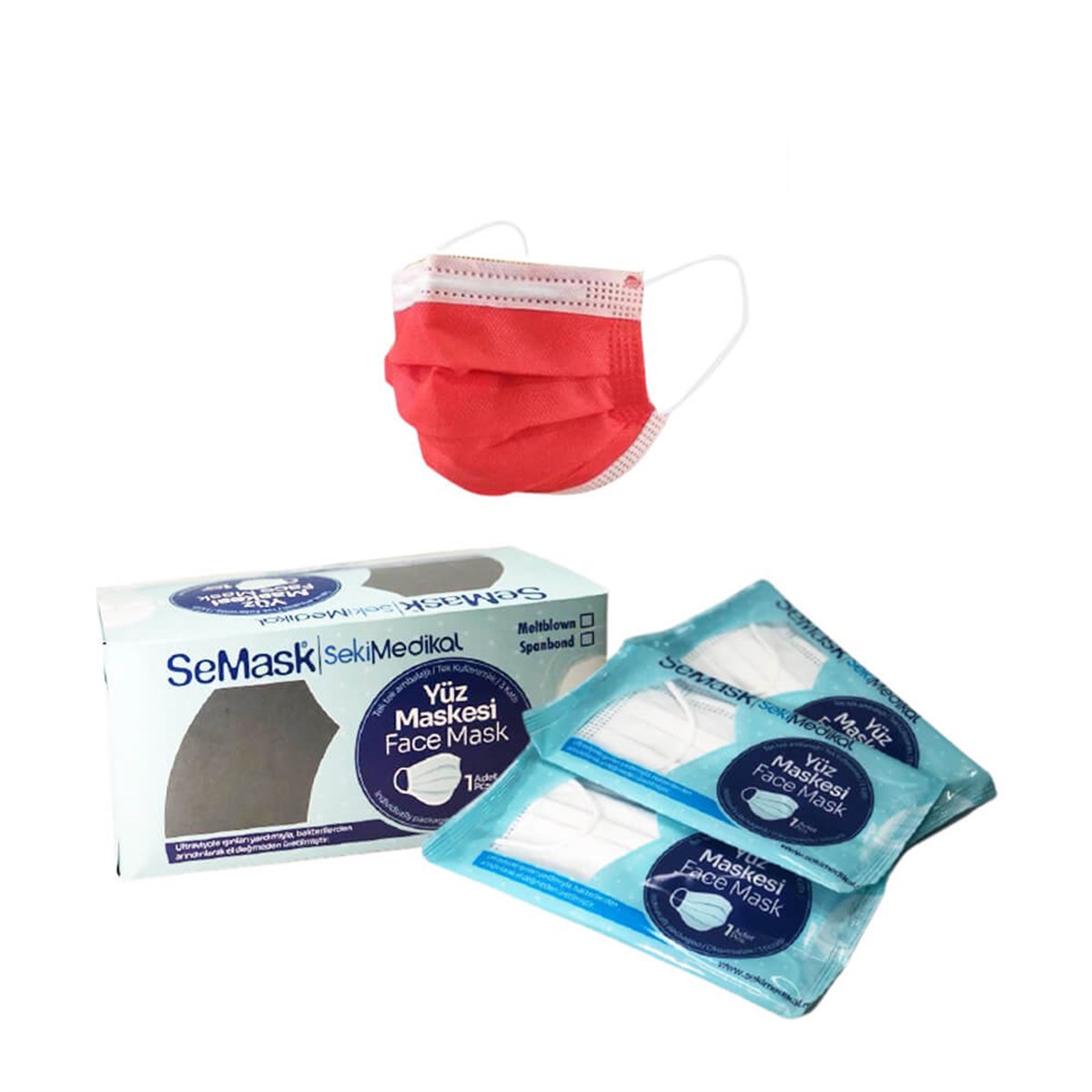 Semask Full Ultrasonic Meltblownlu Telli Cerrahi Yüz Maskesi Tekli Paketli - 25 Adet Kırmızı resmi